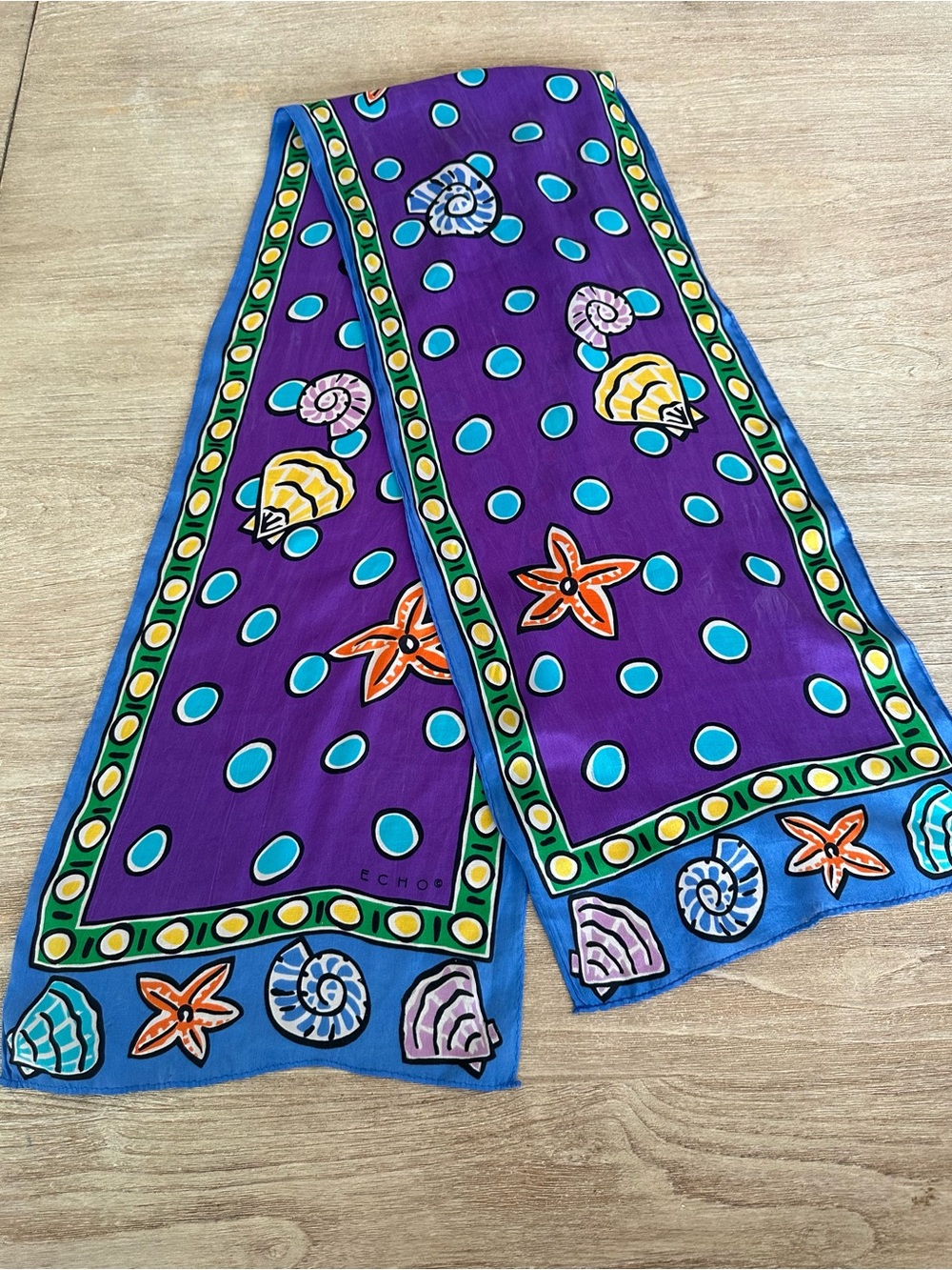VTG Echo Silk Scarf Blue Green Seashell Starfish Nautical Coastal Pop Art Oblong - Picture 1 of 7